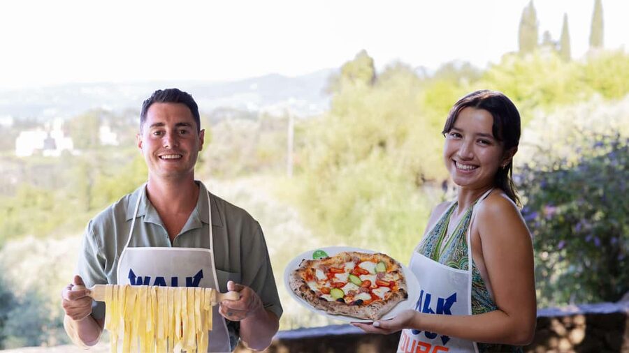 Florence: Pizza and Gelato Class at a Tuscan Farmhouse - Kneading dough with Tiziano and Arla