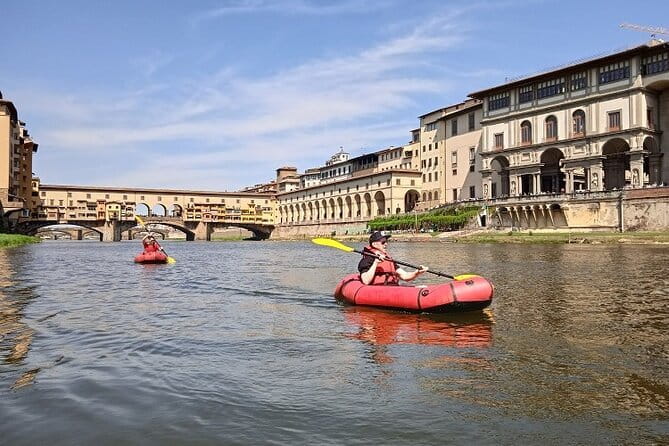 Kayaking on the Arno River in Florence under the Pontevecchio Arcade - Torre di San Niccolò and the southern bank